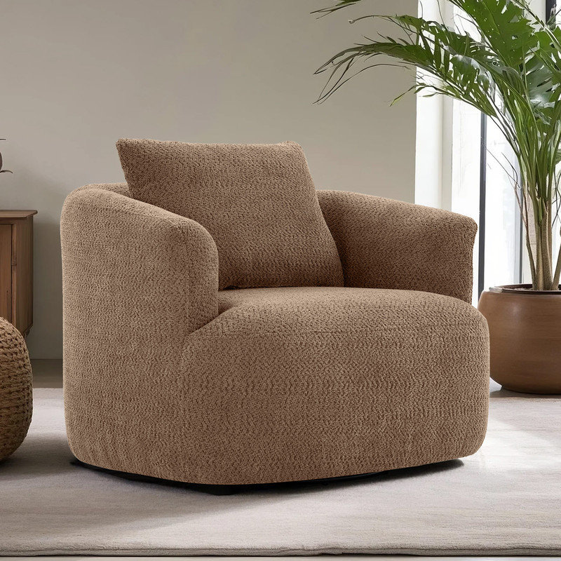 Modern 360° Swivel Boucle Accent Chair with Pillow, Dark Brown