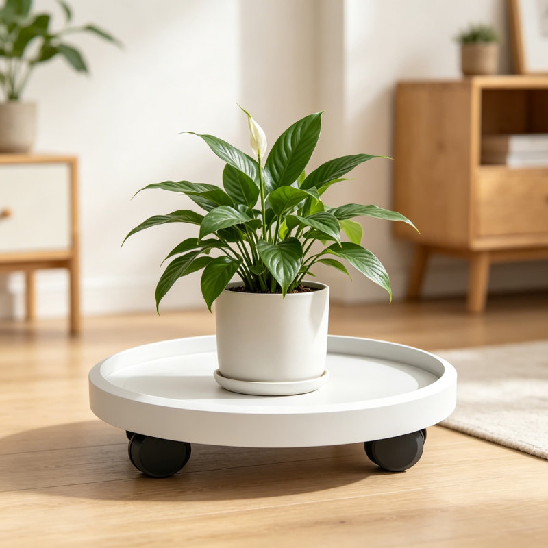 Support à plantes robuste avec roulettes, chariot à plante rond de 14 pouces avec 4 roulettes silencieuses universelles, capacité de charge de 265 lb, aucun assemblage requis, blanc