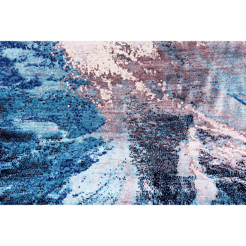 Hand Knotted Abstract Area Rug in Blue/Beige, Rectangle 9' x 12'