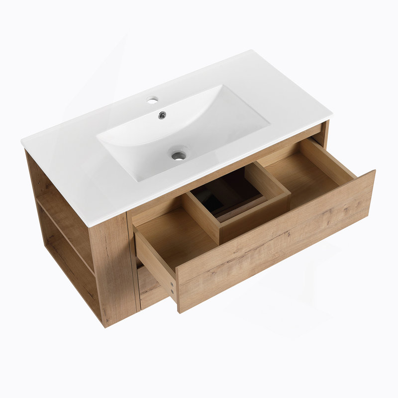 Meuble-lavabo mural 36 po avec lavabo en céramique, Imitation chêne, 36"