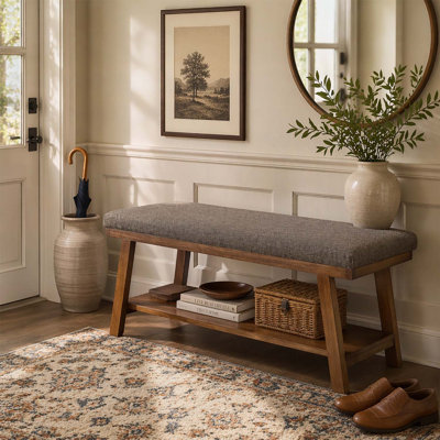 Upholstered Bench with Storage Shelf