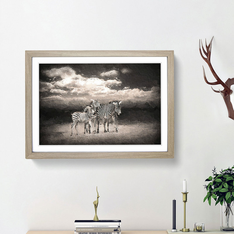 Three Zebras in the Wild - Picture Frame Painting Print, 36cm H x 48cm W x 2cm D, Oak Framed