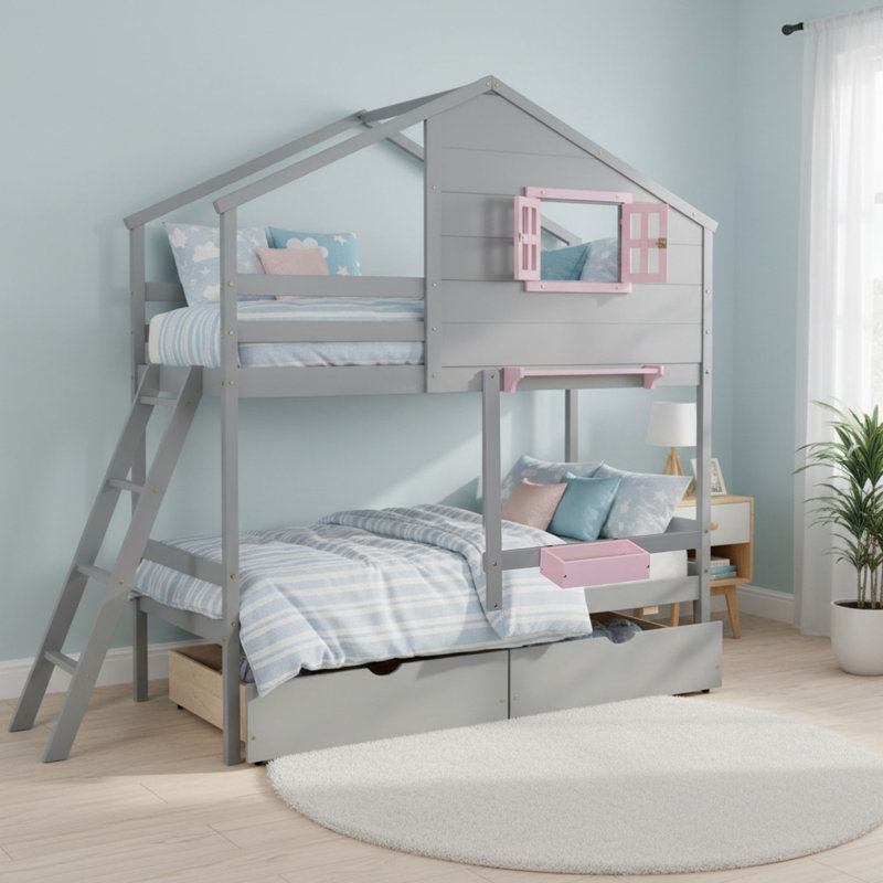 Lit superposé simple au-dessus de simple en bois massif avec 2 tiroirs pour la chambre à coucher, Gris