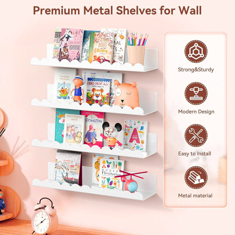 Floating Wall Shelves 17” White Metal 4 Pack, Durable Nursery, Bathroom, Bedroom, Playroom Storage & Display