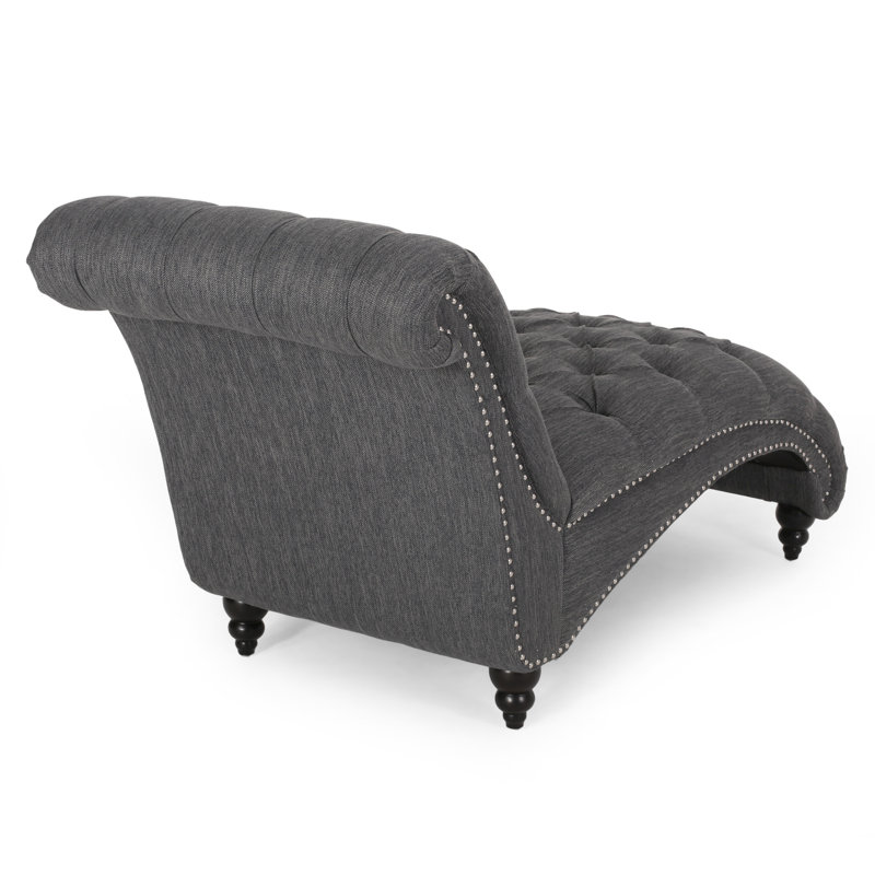 Chaise longue Comfy Curvy, tissu gris anthracite piqué à boutons et à losanges, chaise longue à pieds en bouleau, style bois