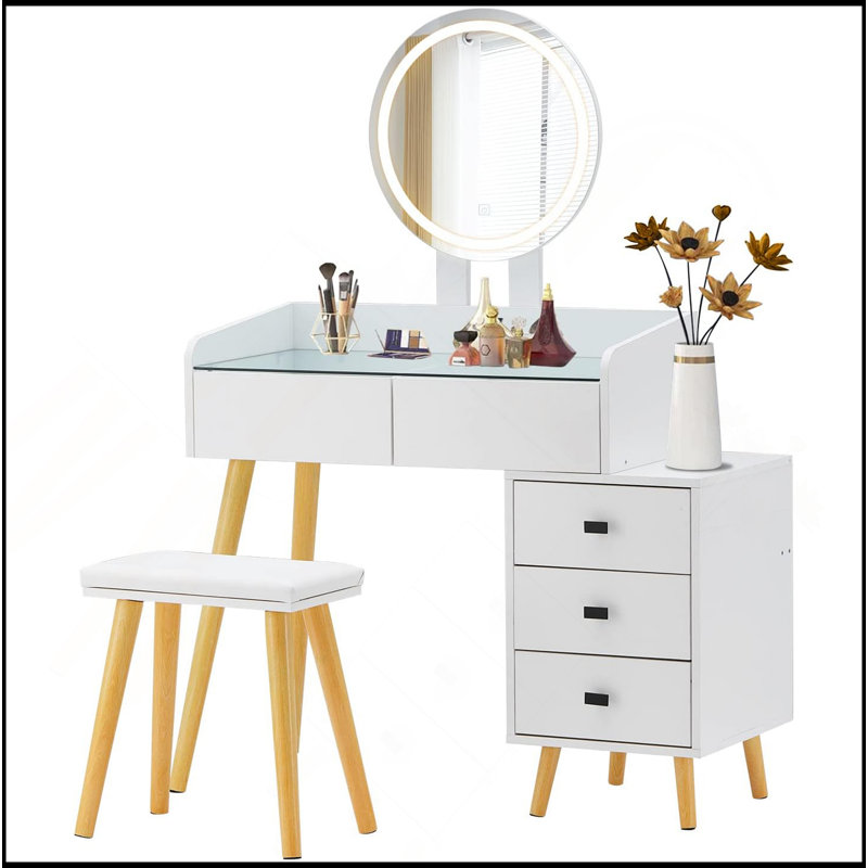 Dressing Table With LED Lights Glass Top Dressing Table With Extendable Side Table 5 Drawers Dressing Table With Mirror And Stool For Bedroom