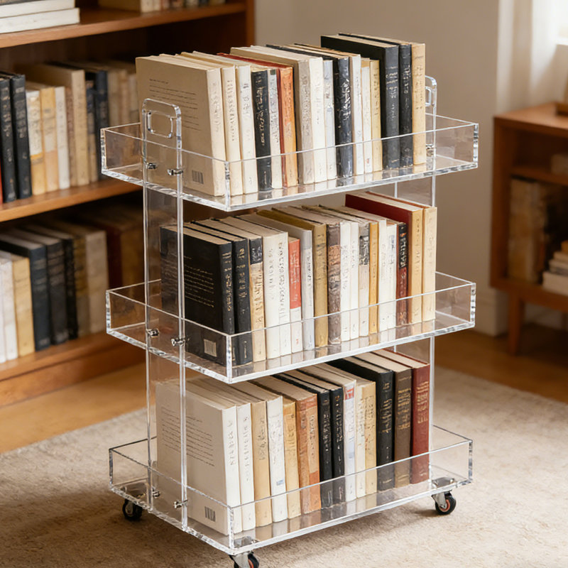 3-Tier Clear Acrylic Movable End Table with Lockable Wheels, Rolling Storage Cart for Living Room, Bedroom, Bathroom