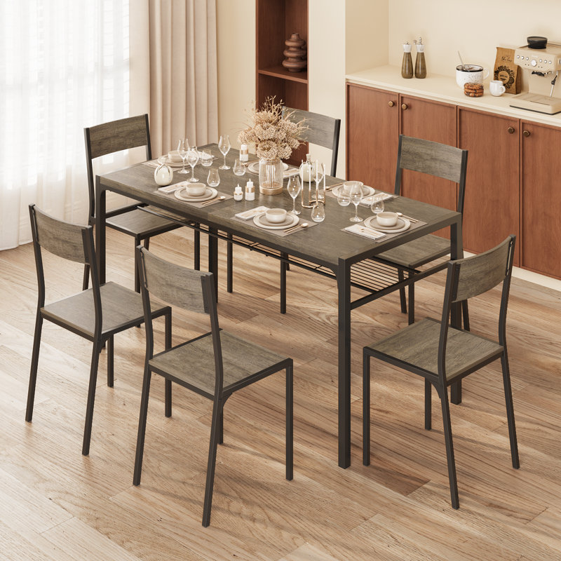 7-Piece 6-Person Rectangular Dining Set with Under-Table Storage and Tuck-Under Chairs, Brown, Brown