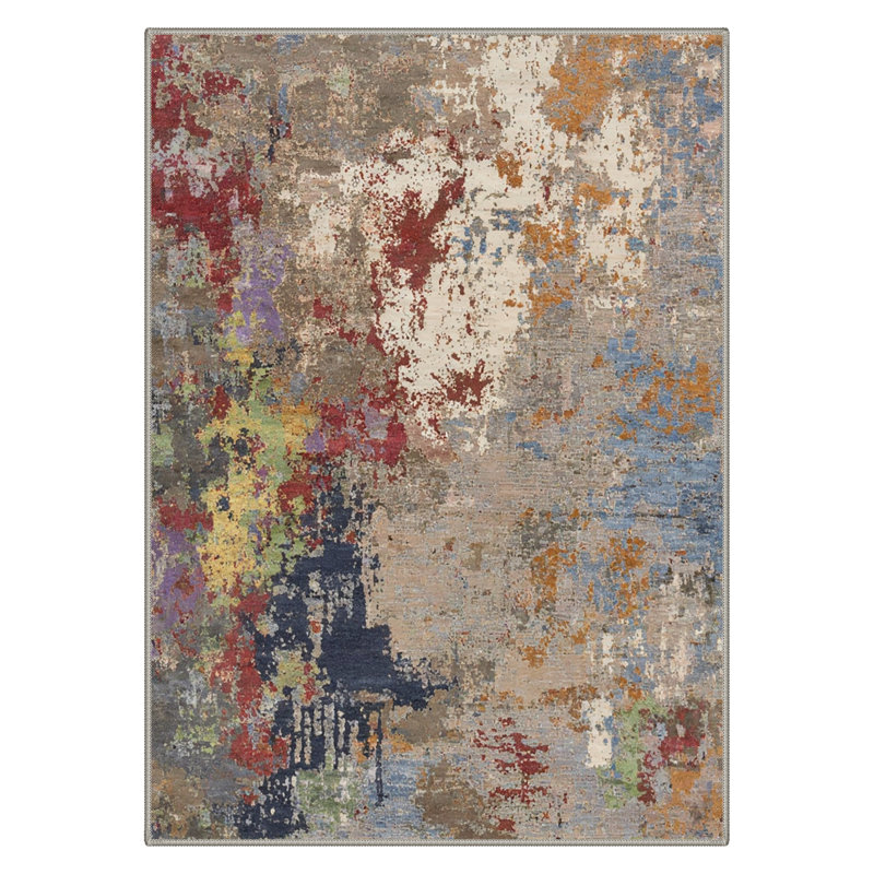 Mignone Aura Abstract Machine Washable Grey / Blue / Red Indoor Area Rug with Non-Slip Backing, Rectangle 8' x 10'