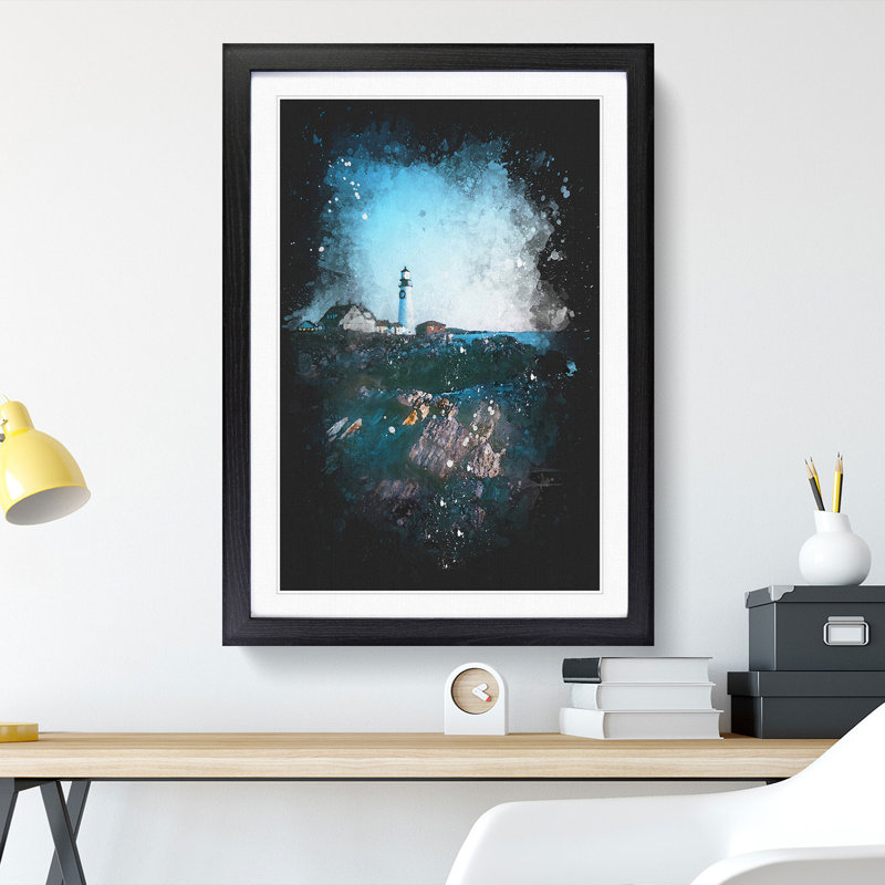 Lighthouse In Cape Elizabeth Maine Paint Splash - Picture Frame Graphic Art, 33cm H x 24cm W x 2cm D, Black Framed