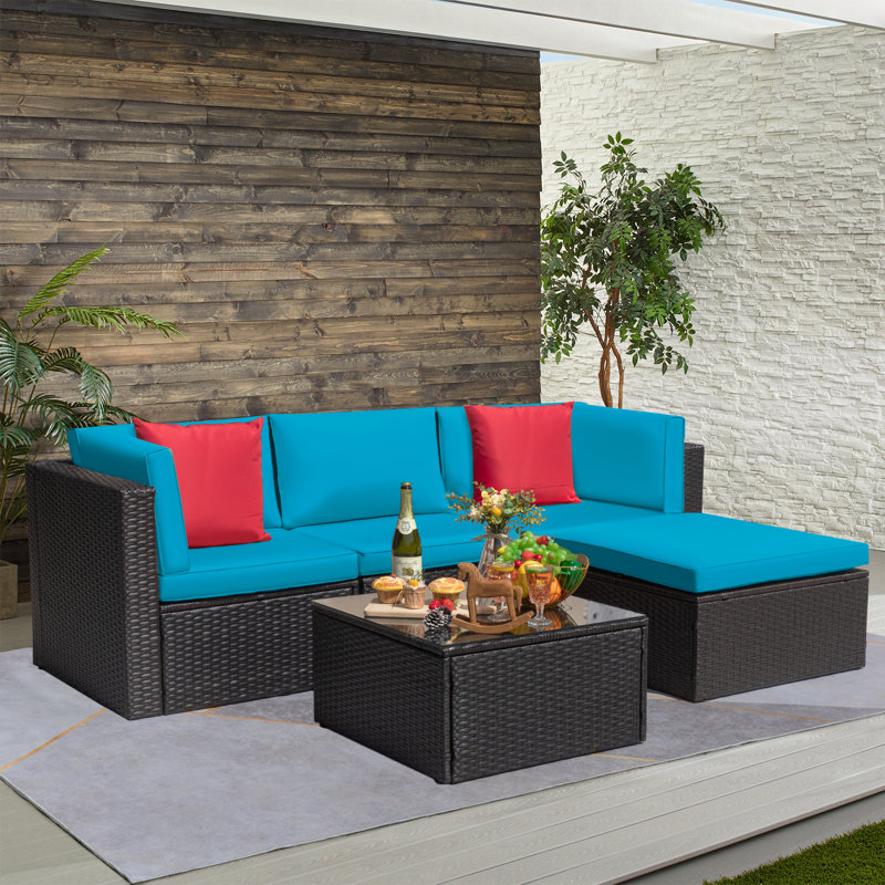 Ensemble de conversation modulaire en rotin avec coussins 5 pièces Huang, Bleu / Rouge, Brun