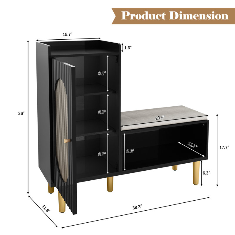 Tokie Modern Entryway Shoes Cabinet Bench with Glass Door, Black