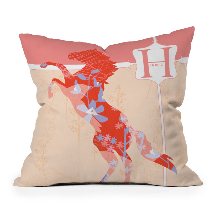 Coussin extérieur Jennifer Horse Miss Hill, Rose / blanc / cheval rouge, Carré 26 po