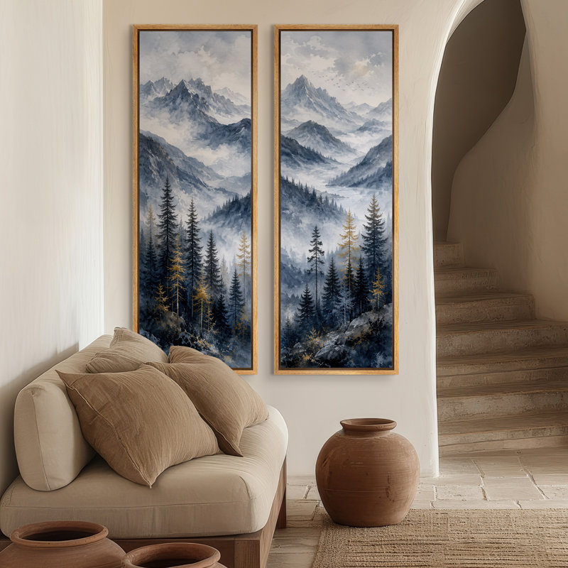 Forêt de pins de la vallée de montagne Blue Gray – Ensemble de 2 impressions d'art encadrées sur toile 60" x 20" x 2
