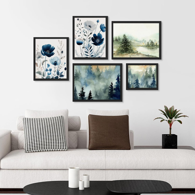 " Watercolor Pine Tree Forest Flower Nature Digital " 5 - Pieces, Black Framed