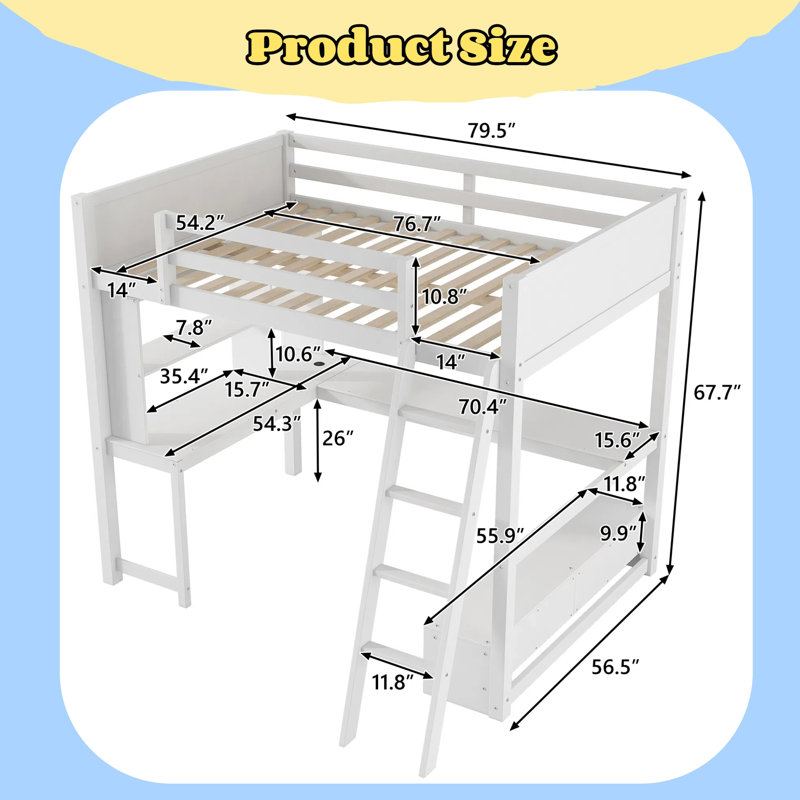 Lit mezzanine double avec bureau avec DEL et USB, Blanc