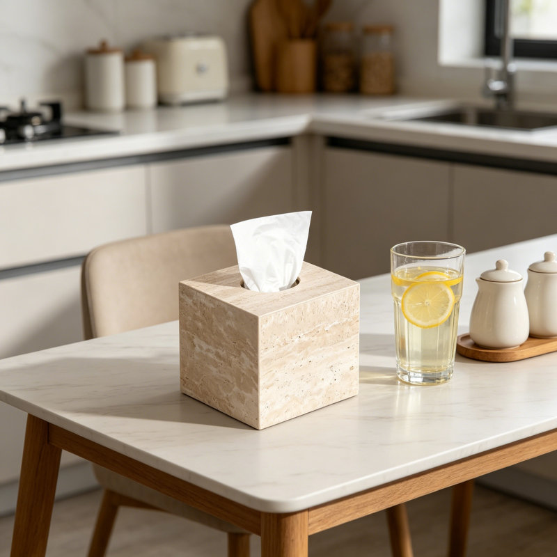 Couvercle de support de boîte à mouchoirs en marbre de travertin naturel, boîte à mouchoirs cubique carrée avec fond ouvert pour meuble-lavabo, commode de chambre à coucher, comptoir de cuisine, beige