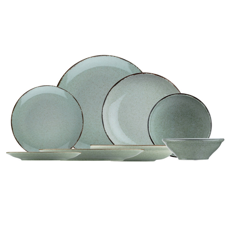 Service de table élégant 24 pièces, porcelaine verte | Comprend 6 assiettes de service (9,8 x 9,8 x 1,2 po), 6 assiettes (8,3 x 8,3 x 1,6 po), 6 bols (6,3 x 6,3 x 2,2 po), 6 assiettes à dessert (8,3 x 8,3 x 1,0 po) | Va au lave-vaisselle et au micro-o