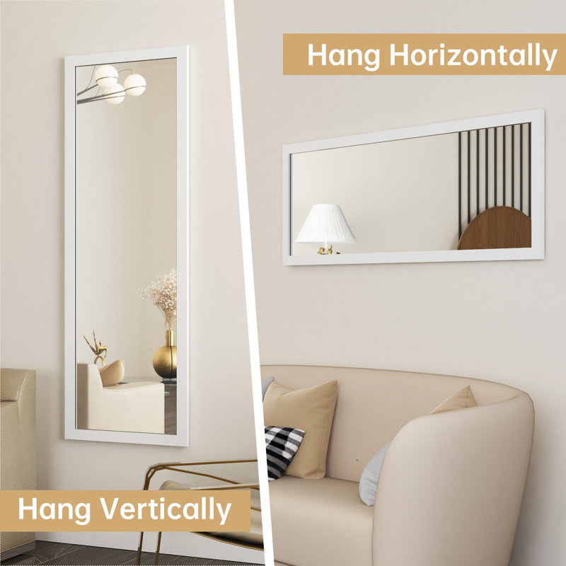44" x 16" Framed Full Length Mirror, Wall-Mounted or Over the Door Mirror With 2 Adjustable Height , White