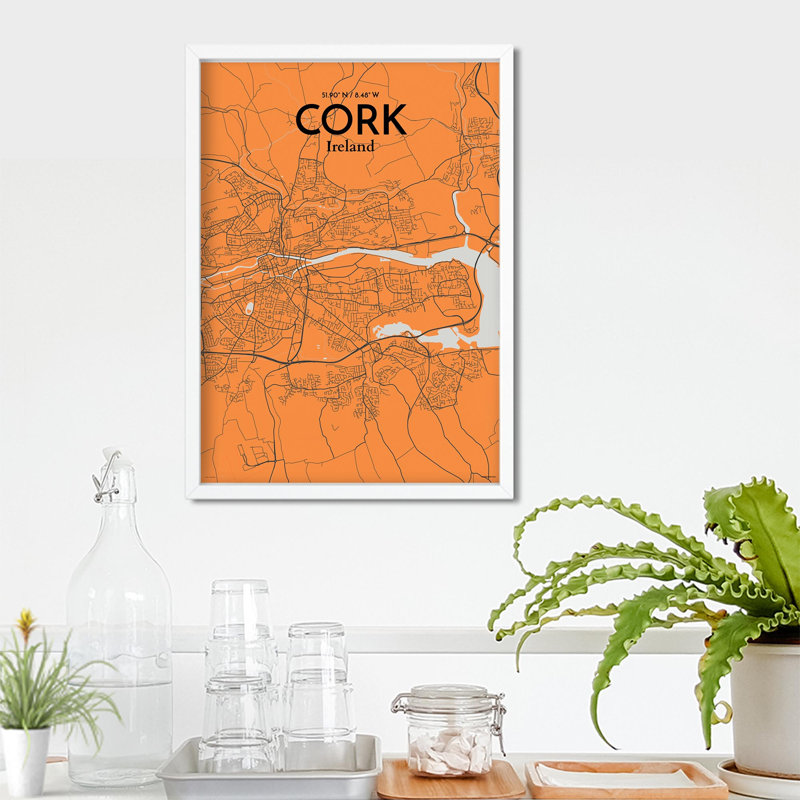 Cork City Map, impression, Orange et gris, H 27,6 po x l 19,7 po