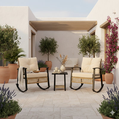 Ensemble bistro d'extérieur à bascule, meubles de patio 3 pièces avec coussins de siège en oléfine de 3,5 pouces, 2 chaises berçantes et table d'appoint en métal à 2 niveaux