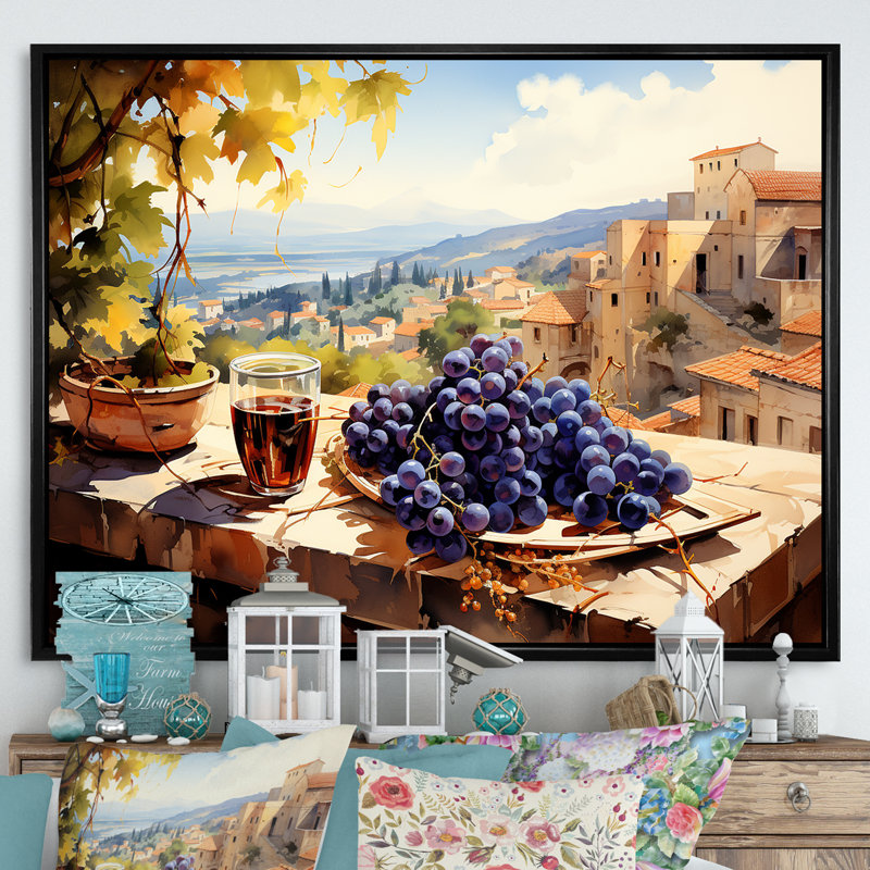 «Mauve Vineyard Tuscan balcon Views - Wine», art mural, Cadre flottant noir, H 16 po x l 32 po x P 1 po