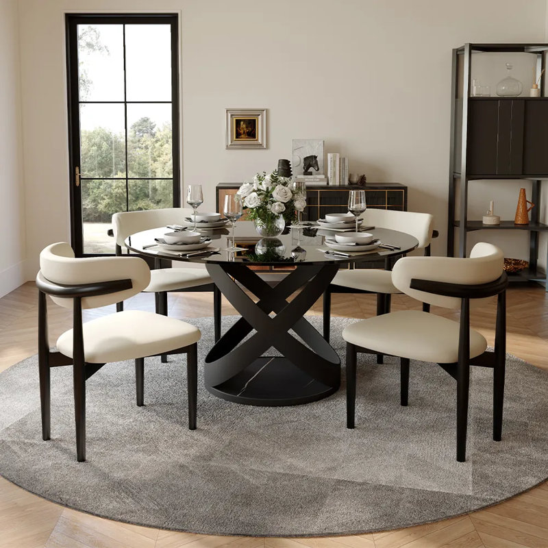 Ensemble de salle à manger moderne 5/7 pièces, ensemble de table de salle à manger rond pré-assemblé, ensemble de table de salle à manger en pierre frittée avec chaises rembourrées