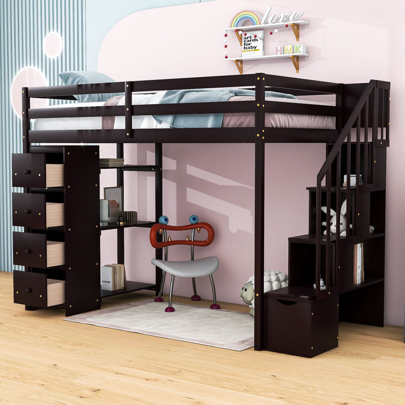 Gerta Twin 7-Drawer Loft Bed with Stair and Bookcase by Harriet Bee, Espresso