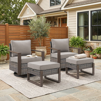 Bothwell 4-Piece Outdoor Conversation Set With Wicker Swivel Rocking Chairs And Ottomans