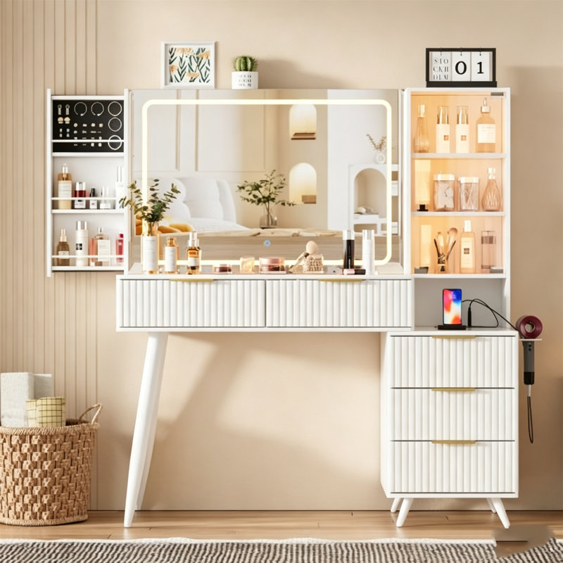 Coiffeuse blanche avec miroir éclairé, coiffeuse en verre avec tiroirs de rangement pour la chambre à coucher