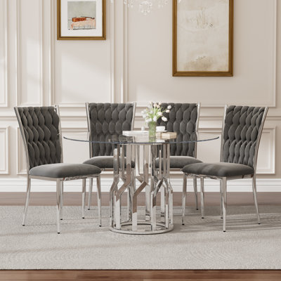 Ensemble de table de salle à manger 47,2 po pour 4 personnes, table de salle à manger en verre trempé transparent avec 4 chaises en velours