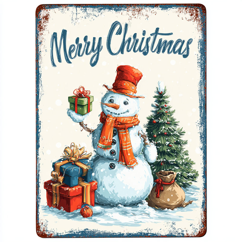 «Merry Snowman with Presents», art mural sur toile tendue, H 24 po x l 16 po