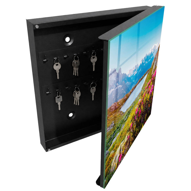 Key cabinet for home, Opens to the right, 30x30x5, Black, Picturesque mountains, a lake and flowers full of colors, 