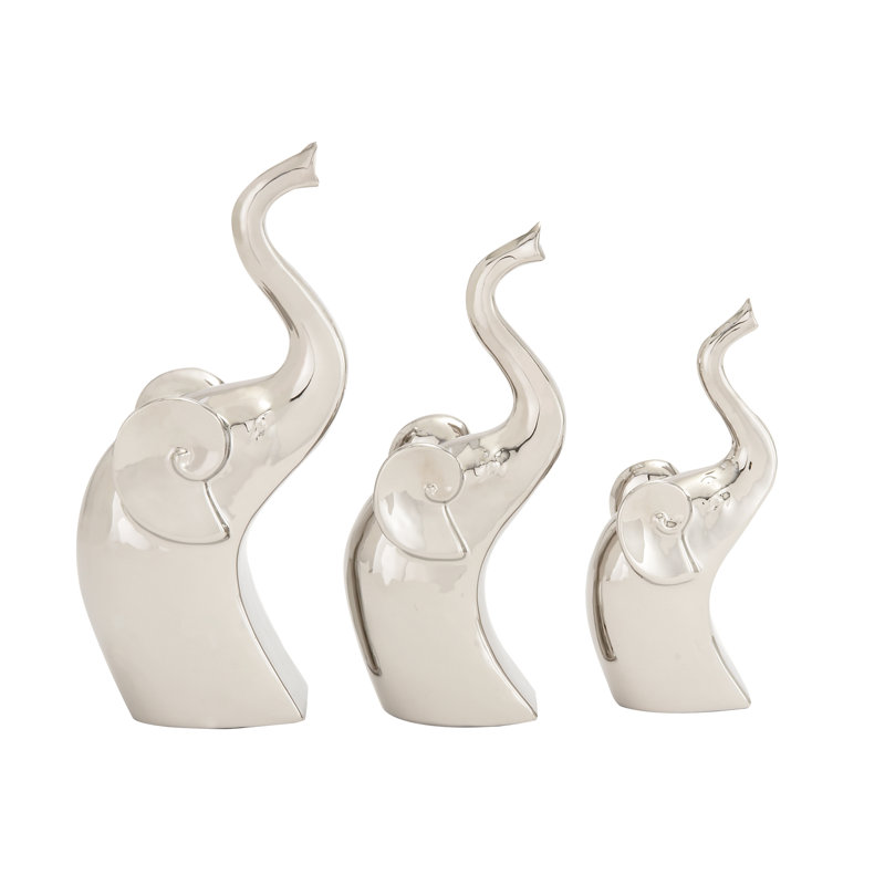 Silver Porcelain Elephant Statue Set with Polished Finish