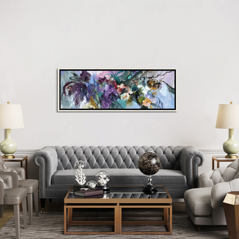 Flower Melody - reproduction d'art murale - toile encadrée, 60" x 20", Framed Canvas, Blanc patiné