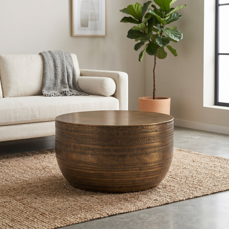 Modern Round Aluminum Hammered Texturing Metal Drum Coffee Table, Hand-Stamped Iron, Brass