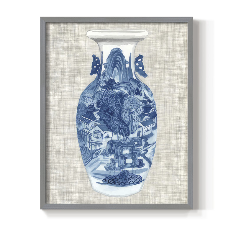 «Ming Vase on Linen I», reproduction encadrée - bois massif, H 30 po x l 24 po, Gris