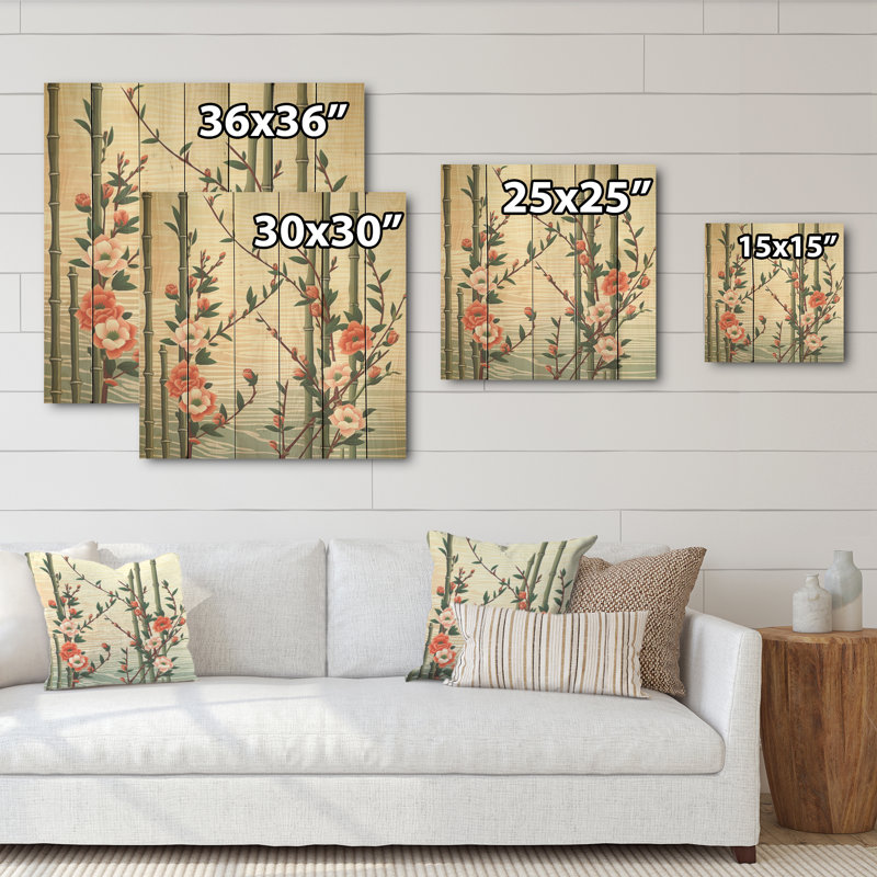 Bambou et fleurs de prunier - Art mural en bois de bambou sur bois de pin naturel, H 15 po x l 15 po