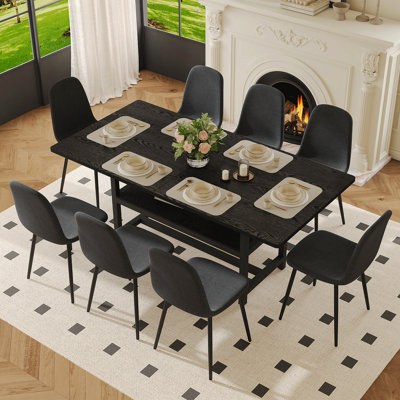 Table And Chair Set.71*35.4 Inch Black Grain Spliced Dining Table With Storage Function In The Middle Of The Table Legs.Paired With 8 Black Linen-Cotton Material High Resilience Dining Chair.