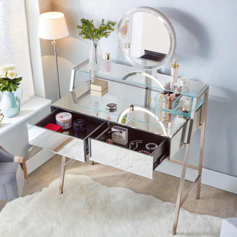 Coiffeuse Fumiaki avec miroir éclairé, 2 tiroirs, une tablette ouverte, des boîtes de rangement et une station de charge