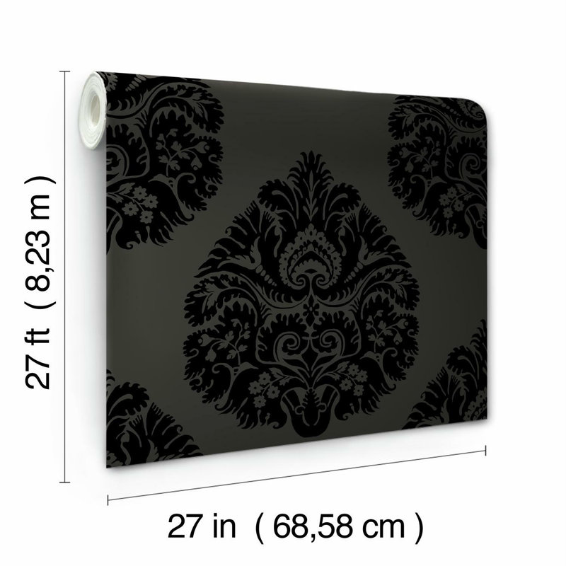Rouleau de papier peint lisse 27 pi 27 po Teardrop Damask, Noir