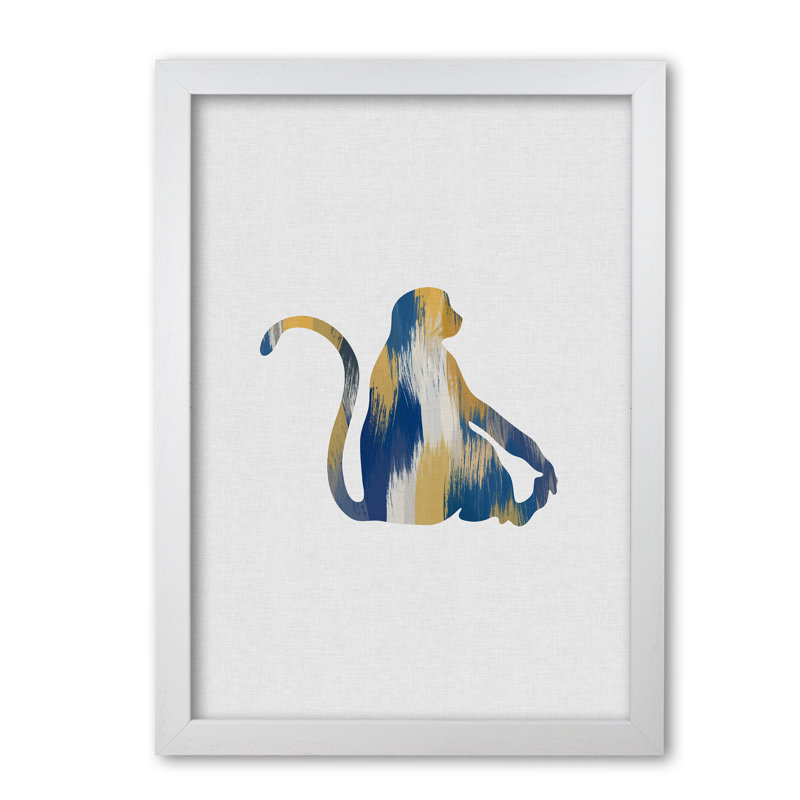 Monkey Blue & Yellow - Print, 60 cm H x 42 cm W x 5 cm D, White Grain Frame