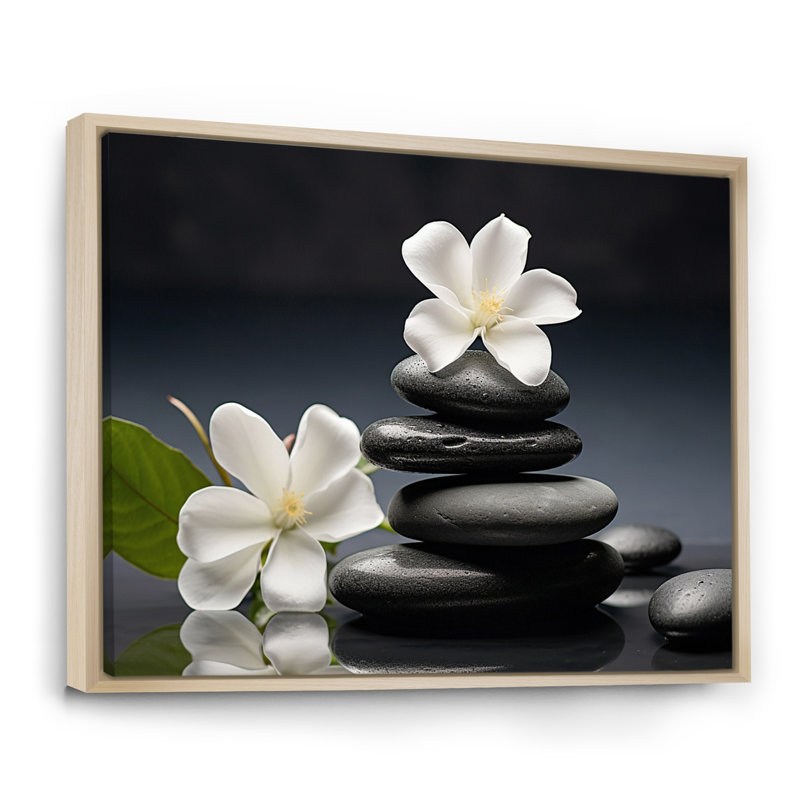 «Zen Black River Stone Blooming Magnolias», reproduction sur toile Lily, H 34 po x l 44 po x P 1,5 po, Cadre naturel flottant