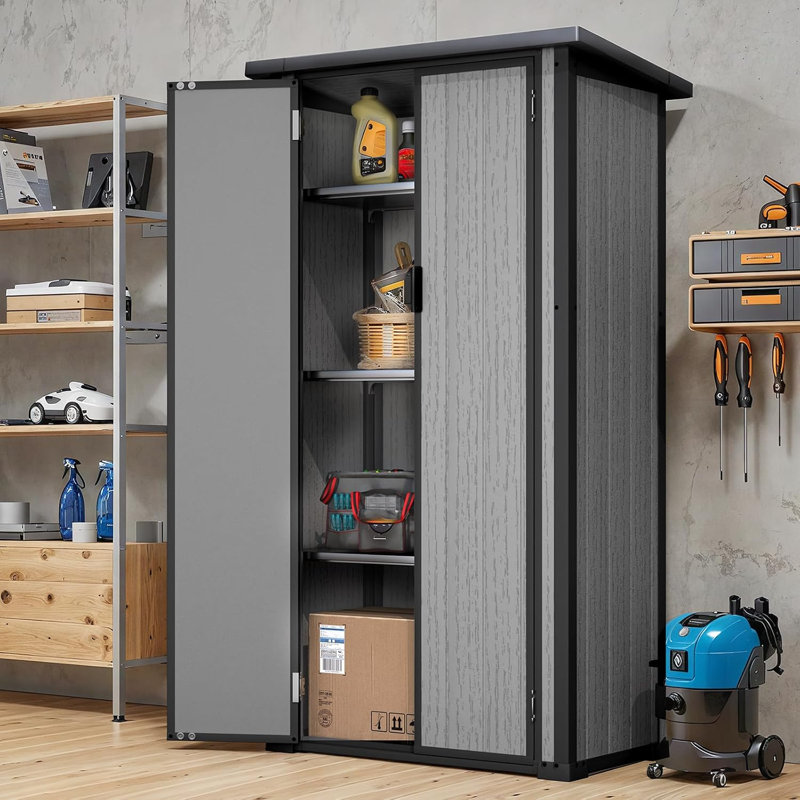 Armoire de rangement extérieure verticale en résine 70 po H avec tablettes réglables, armoire de rangement verrouillable et imperméable pour outils de jardin