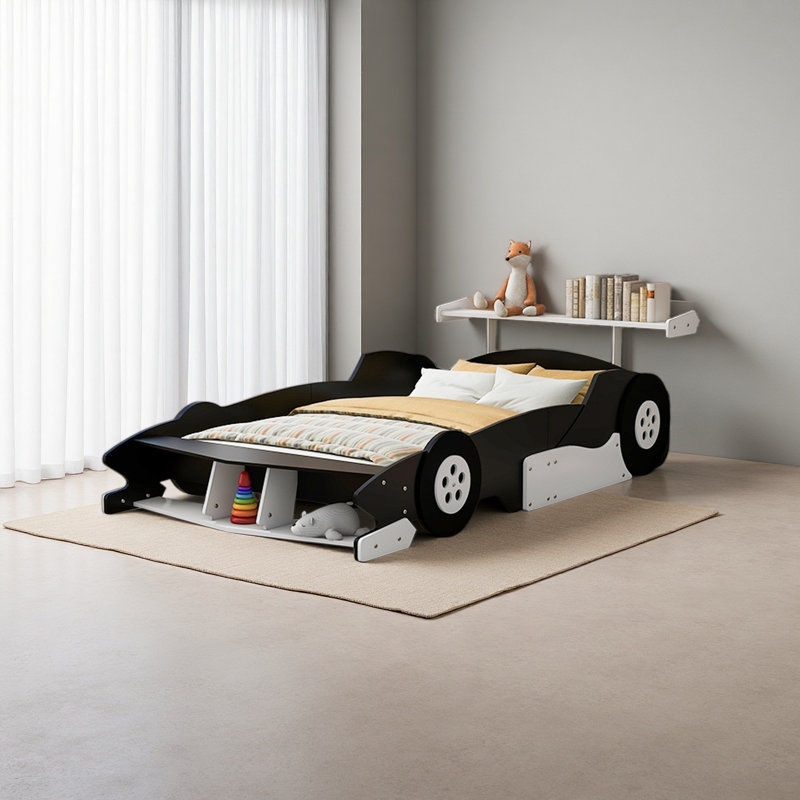 Full Size Race Car-Shaped Platform Bed With Wheels, Black