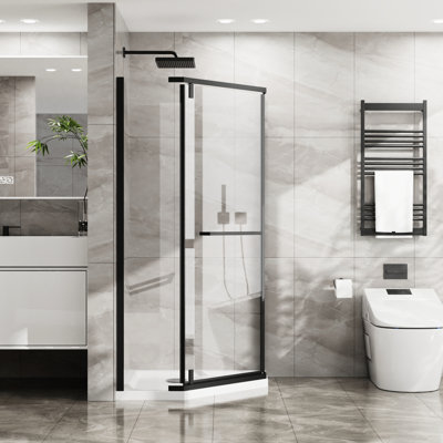 -Angle Shower Enclosure 36X36x72 - Matte Black, Clear Tempered Glass, 304 Stainless Steel Head Screws With Black Pivot Door, And