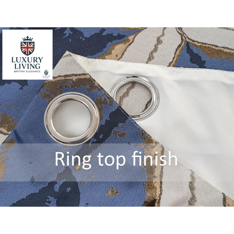 Room Darkening Curtain Pair, 229cm Width  x 229cm Drop, Blue/Gold