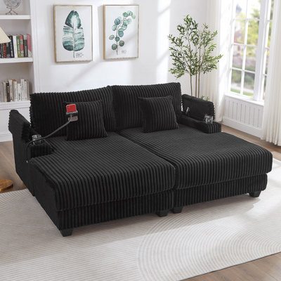 Canapé moderne avec méridienne 75,5 po Canapé-lit avec dossier réglable, porte-gobelets, porte-téléphone et compartiments de rangement pour le salon, noir