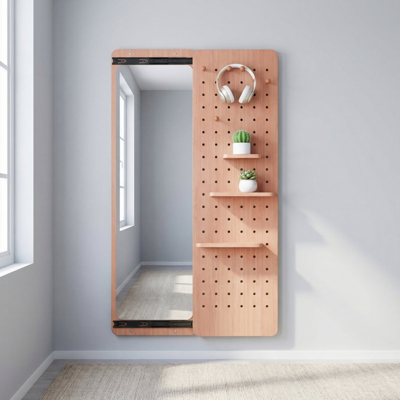 Full-Length Mirror With Storage Shelf And Hooks Multi-Functional Wall-Mounted Mirror With Panel Design Suitable For Bedrooms/Living Rooms/Entryways Cherry Wood Finish