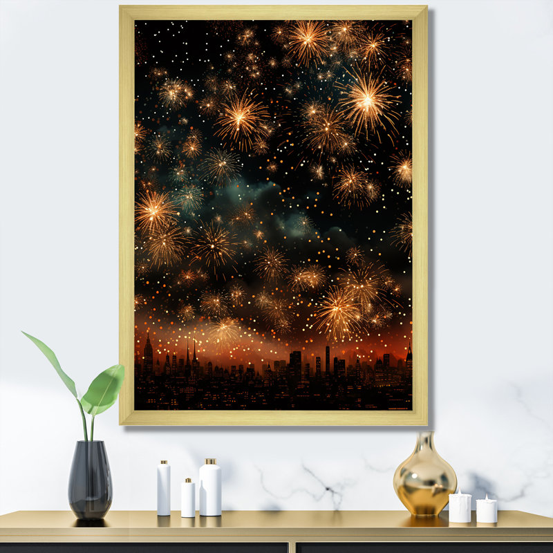 Feux d'artifice dorés, ciel magique, Cadre doré simple, H 44 po x l 34 po x P 1,5 po